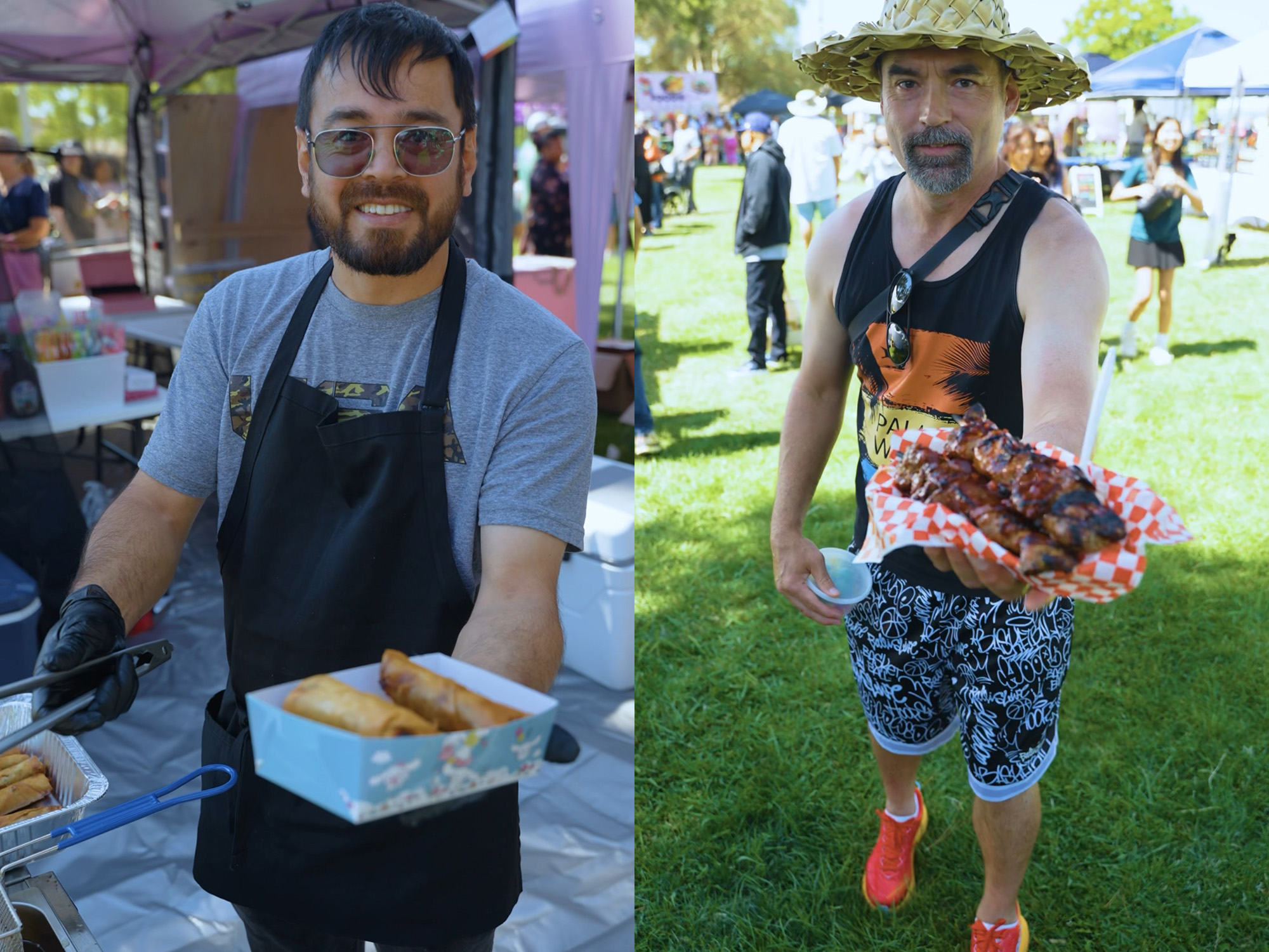 Left: a food vendor shows off a box of lumpia. Right: a festival attendee dressed as a character from 'One Piece' holds a tray of skewered meats.