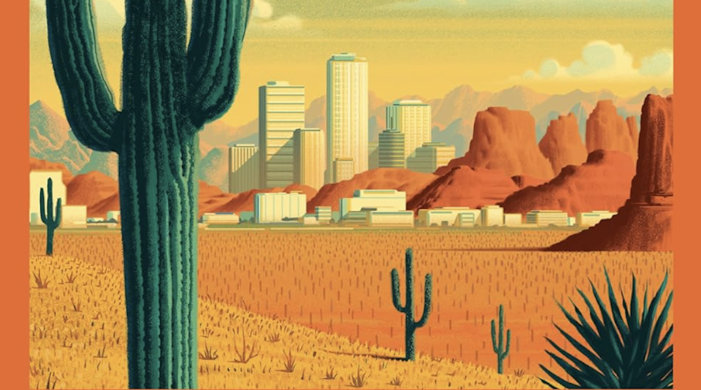A 1950s-style illustration of a cactus standing in the desert with skyscrapers standing on the horizon.