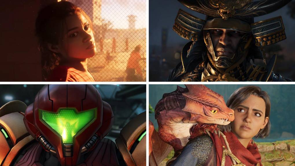 Four stills from video games laid out in a circle of four.