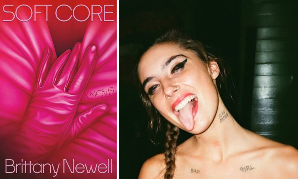 On the left, a book cover that features a hand in a silky, hot pink glove suggestively lifting up a skirt. On the right, a photo of the author wearing heavy black eyeliner with her tongue sticking out.
