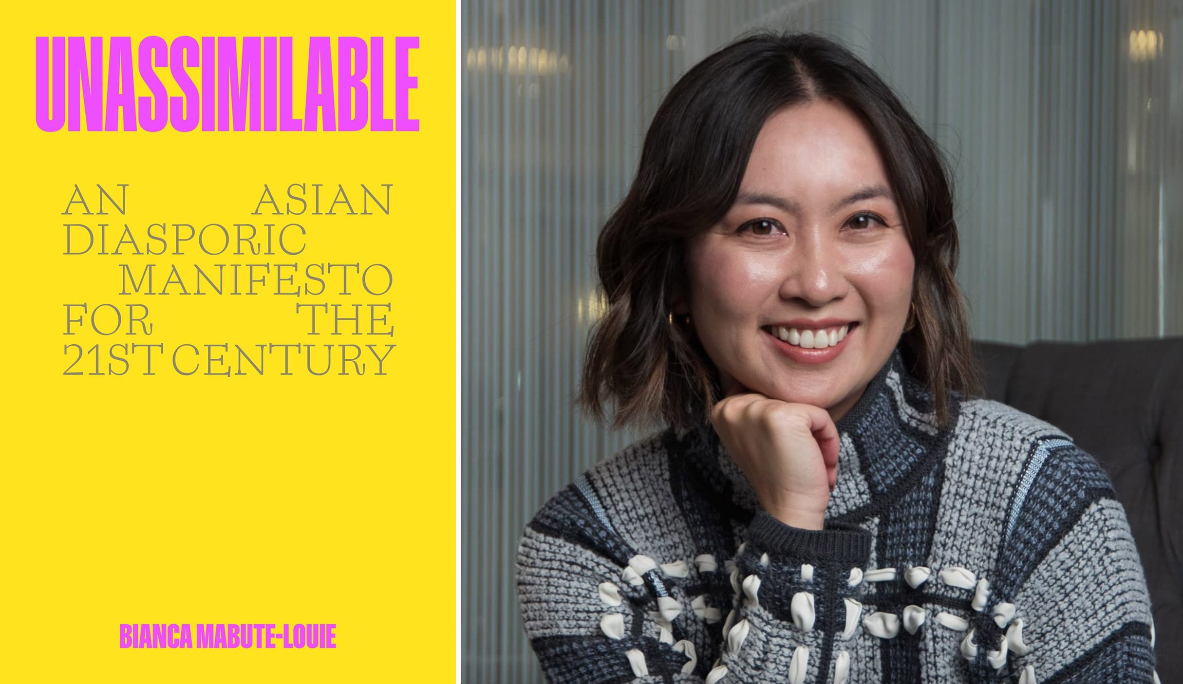 A composite image. On the left, a bright yellow book cover with pink text that reads 'Unassimilable.' On the right, a photo of the author smiling.