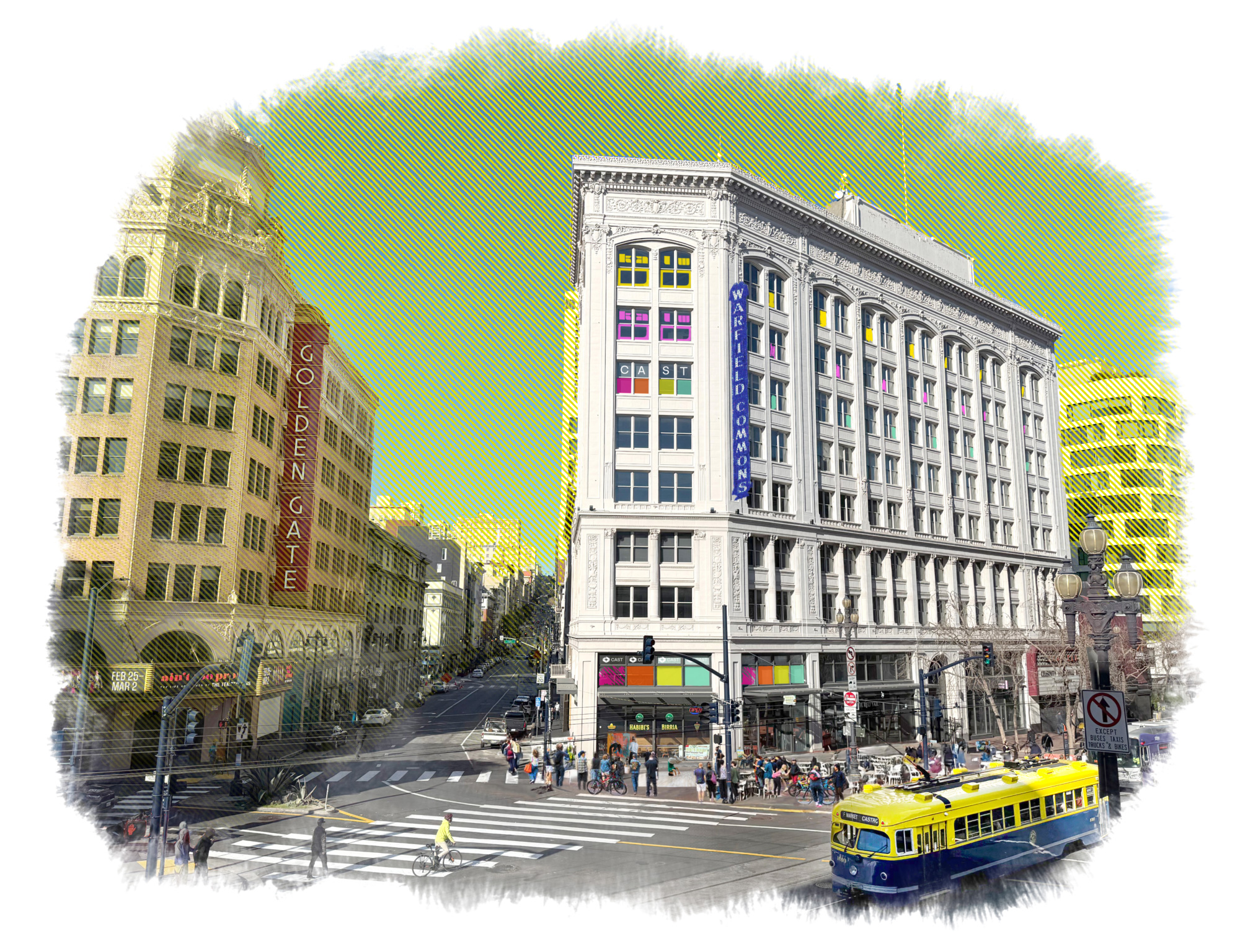 A large white bulding with a streetcar passing on the street below