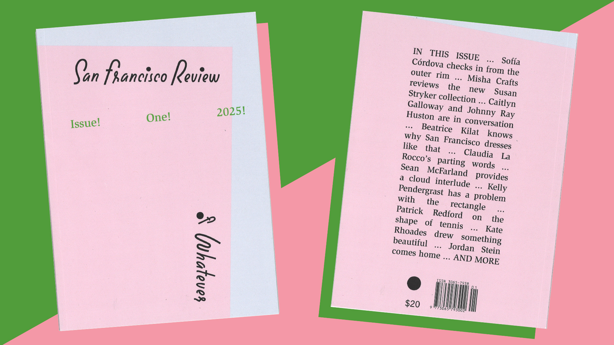 two magazine covers, light pink, black text on graphic background of pink and green