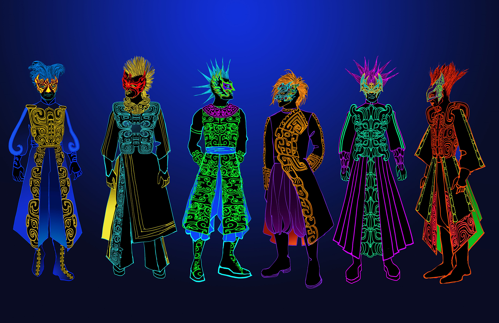 A digital sketch of colorful costumes inspired by traditional Chinese clothing.