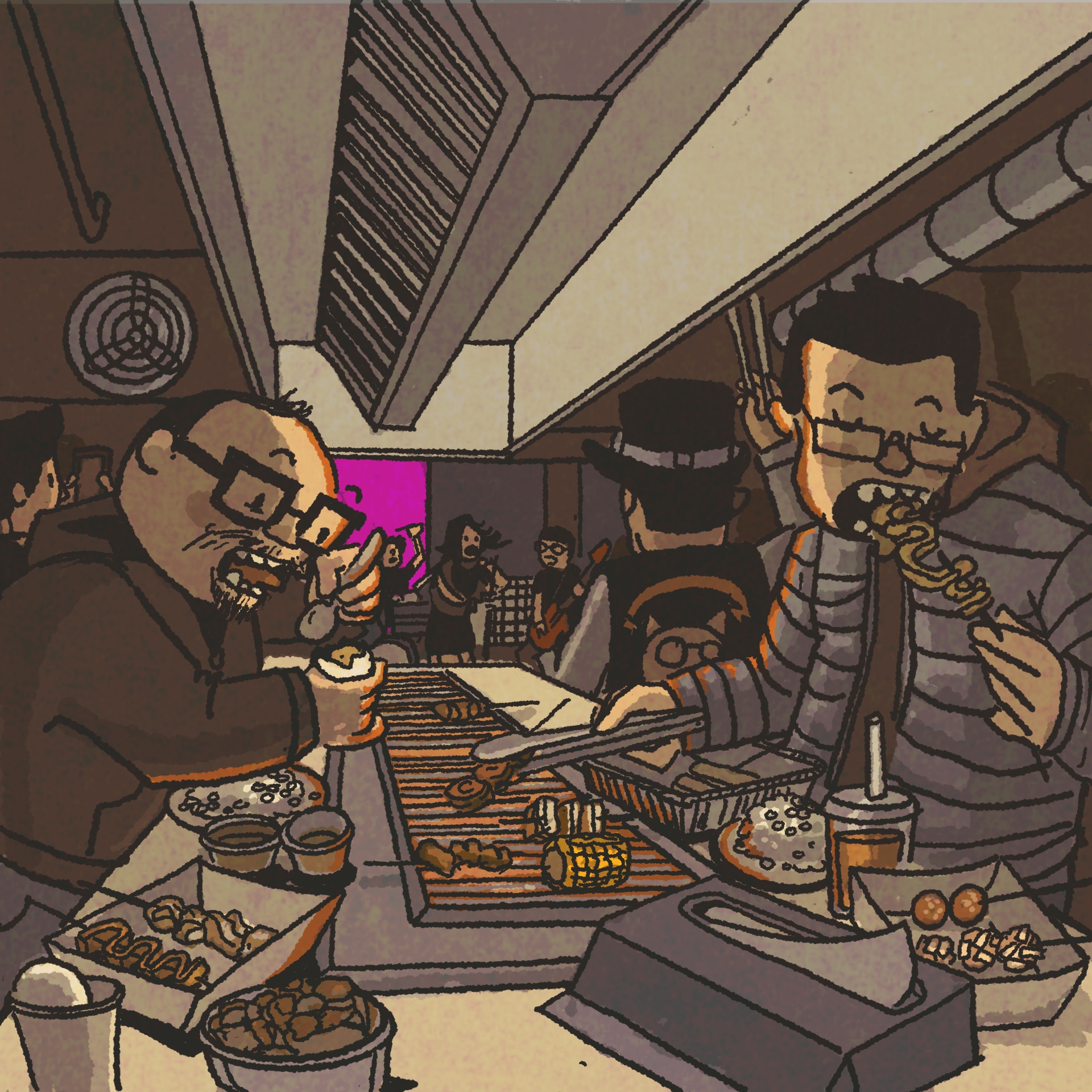 Illustration: Two men grill their own meat skewers at a large communal grill while a band performs in the background.