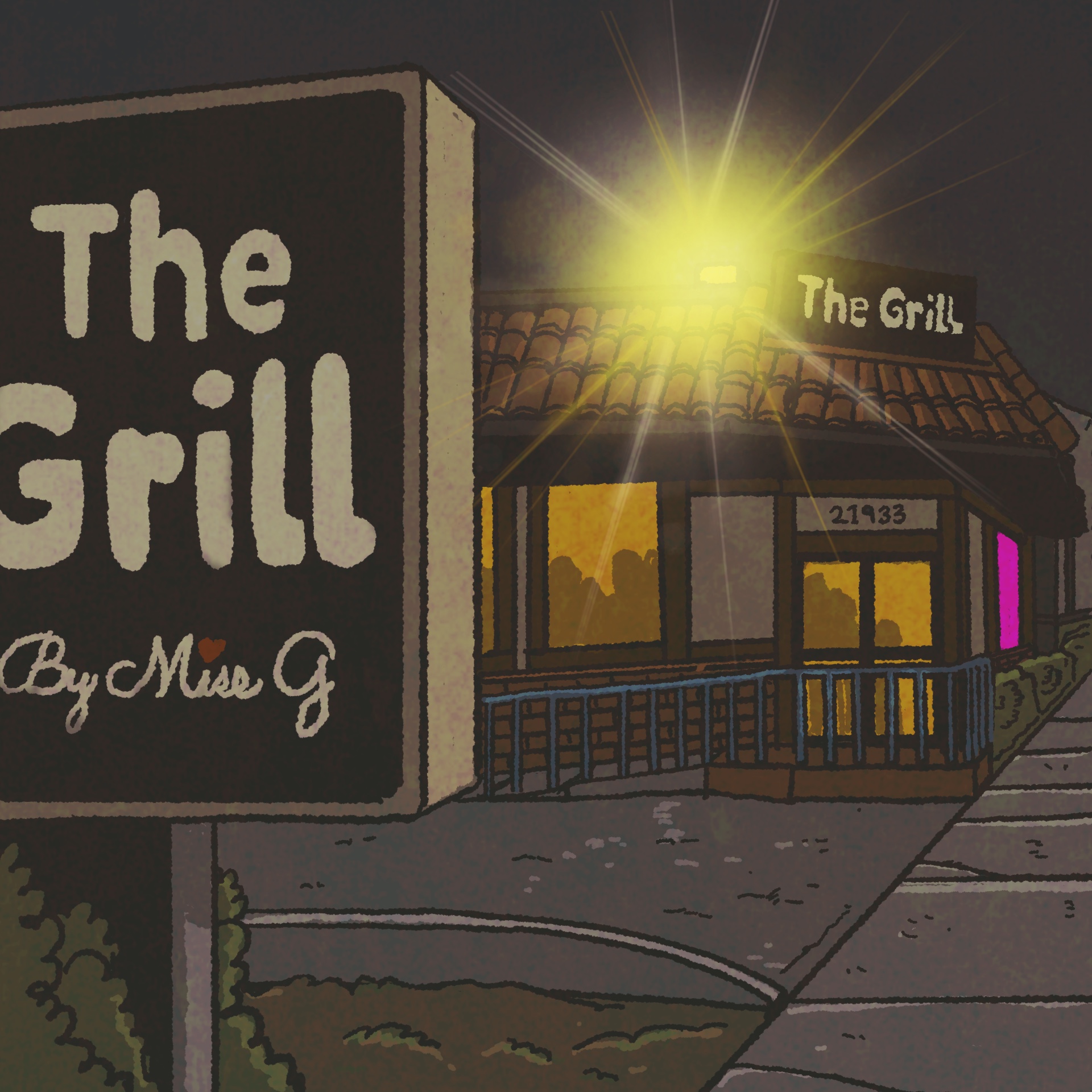 Illustration: The exterior of a restaurant lit up at night. The sign in front reads, "The Grill by Miss G."