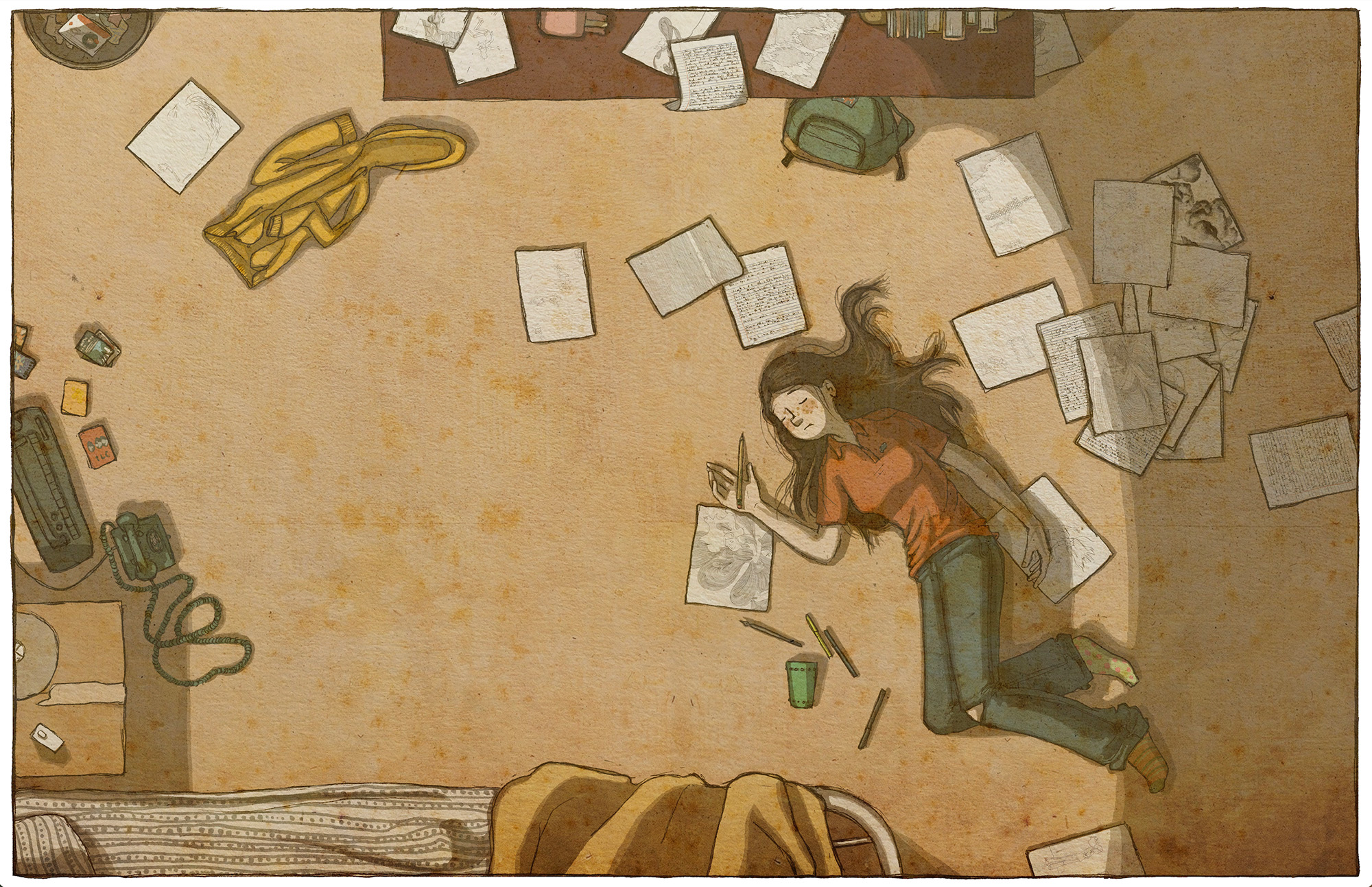 Illustration: teenage girl sprawls on the floor of her bedroom surrounded by sketches and handwritten notes