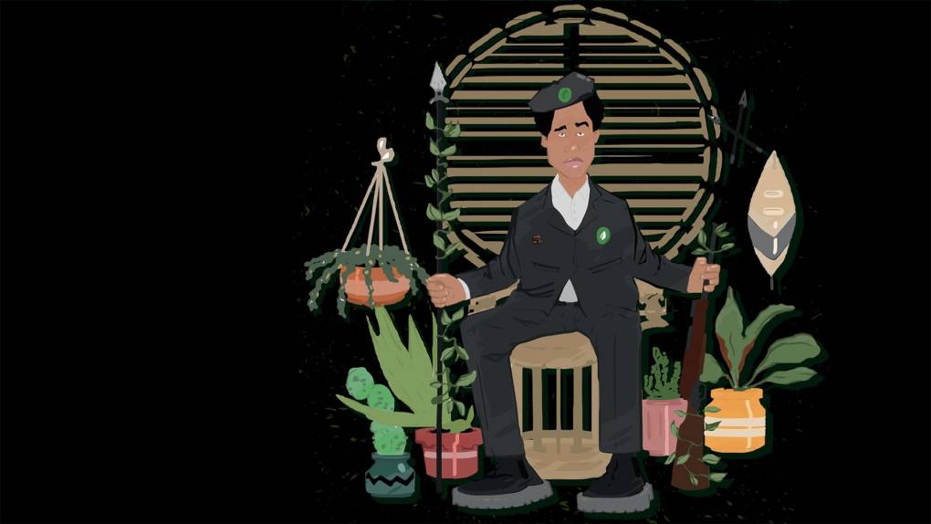 Illustrated image of a man in a wicker chair wearing black attire, surrounded by plants.