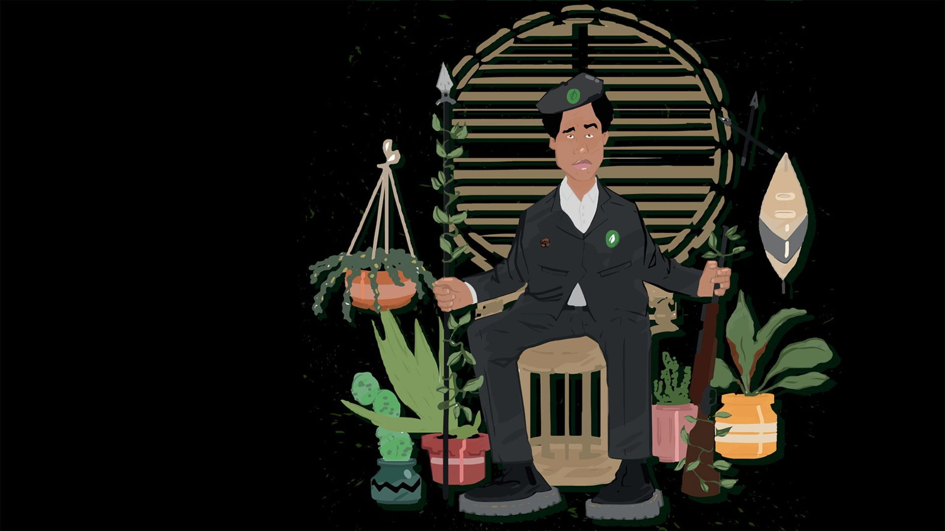 Illustrated image of a man in a wicker chair wearing black attire, surrounded by plants.