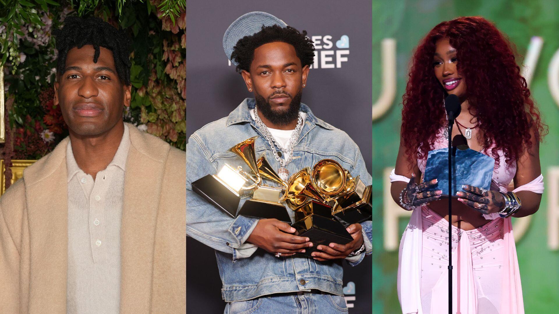 Three separate images of three separate performers, John Batiste, Kendrick Lamar and SZA. The latter two are pictured holding awards.