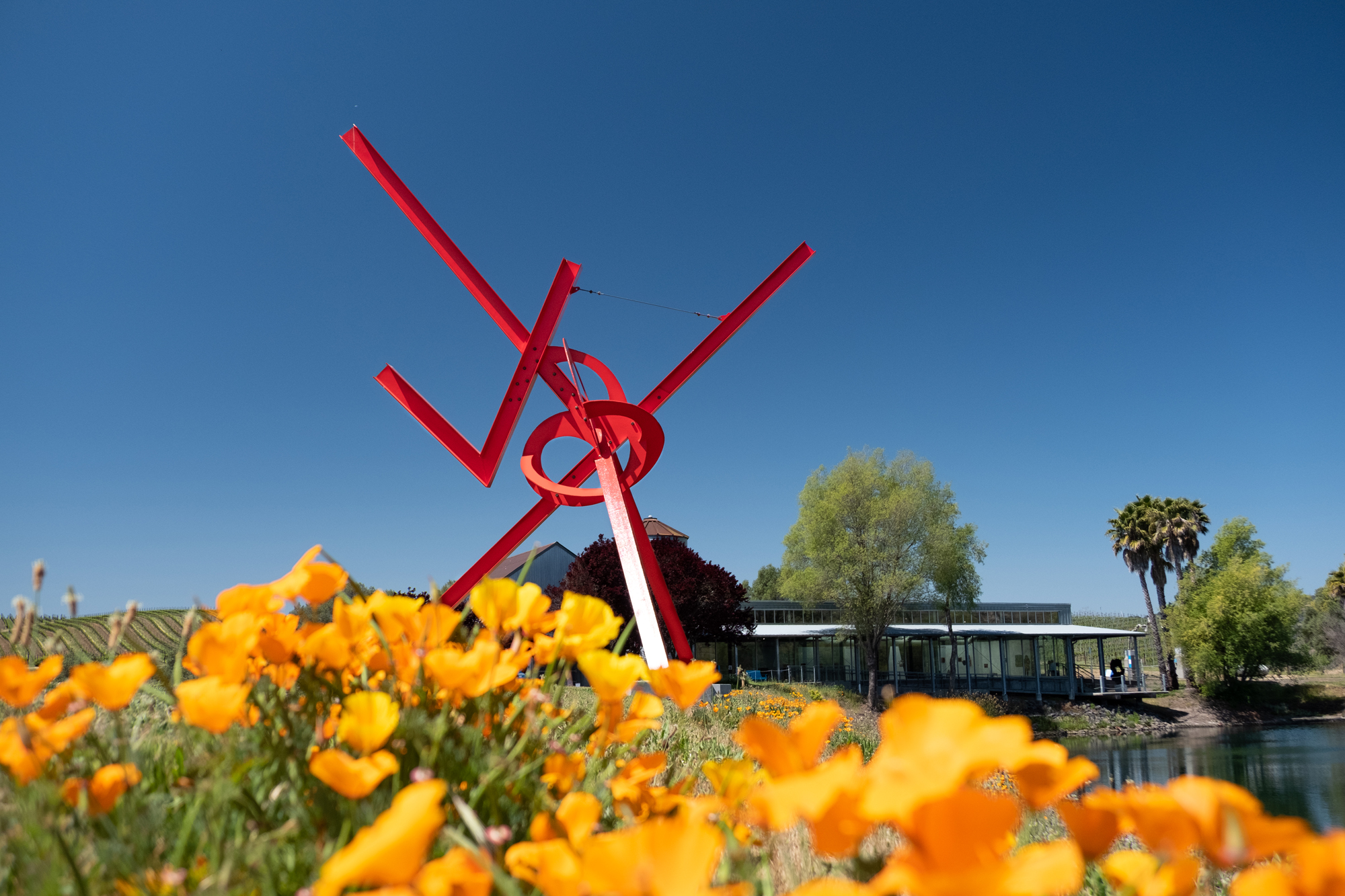 red metal sculpture seen above California poppies