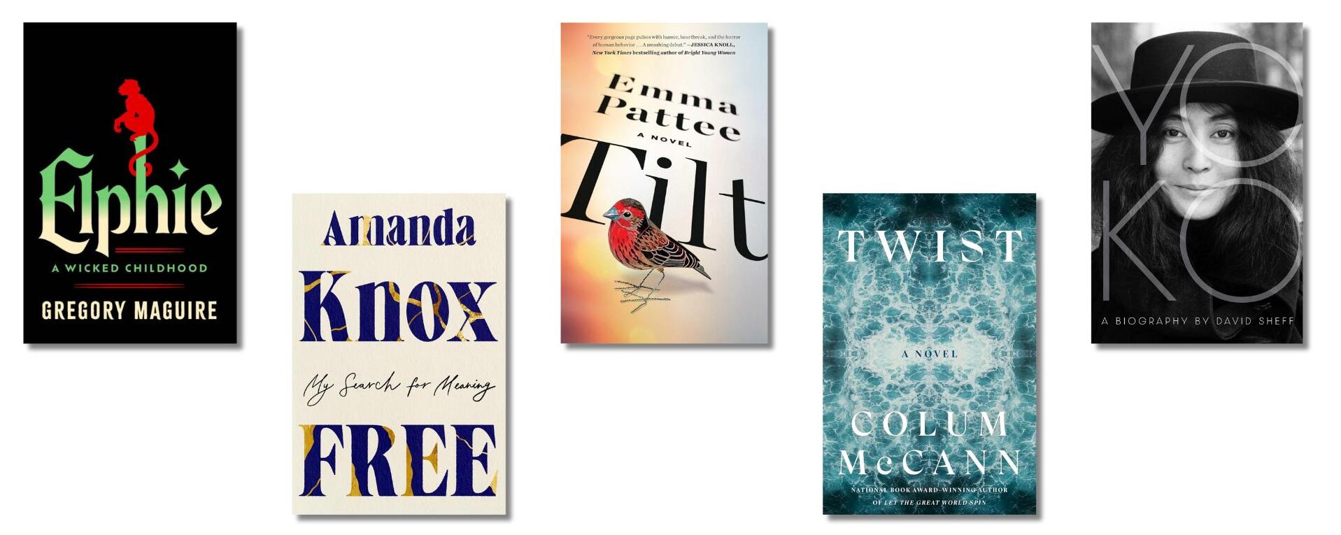 Five book covers lay flat in a staggered line.