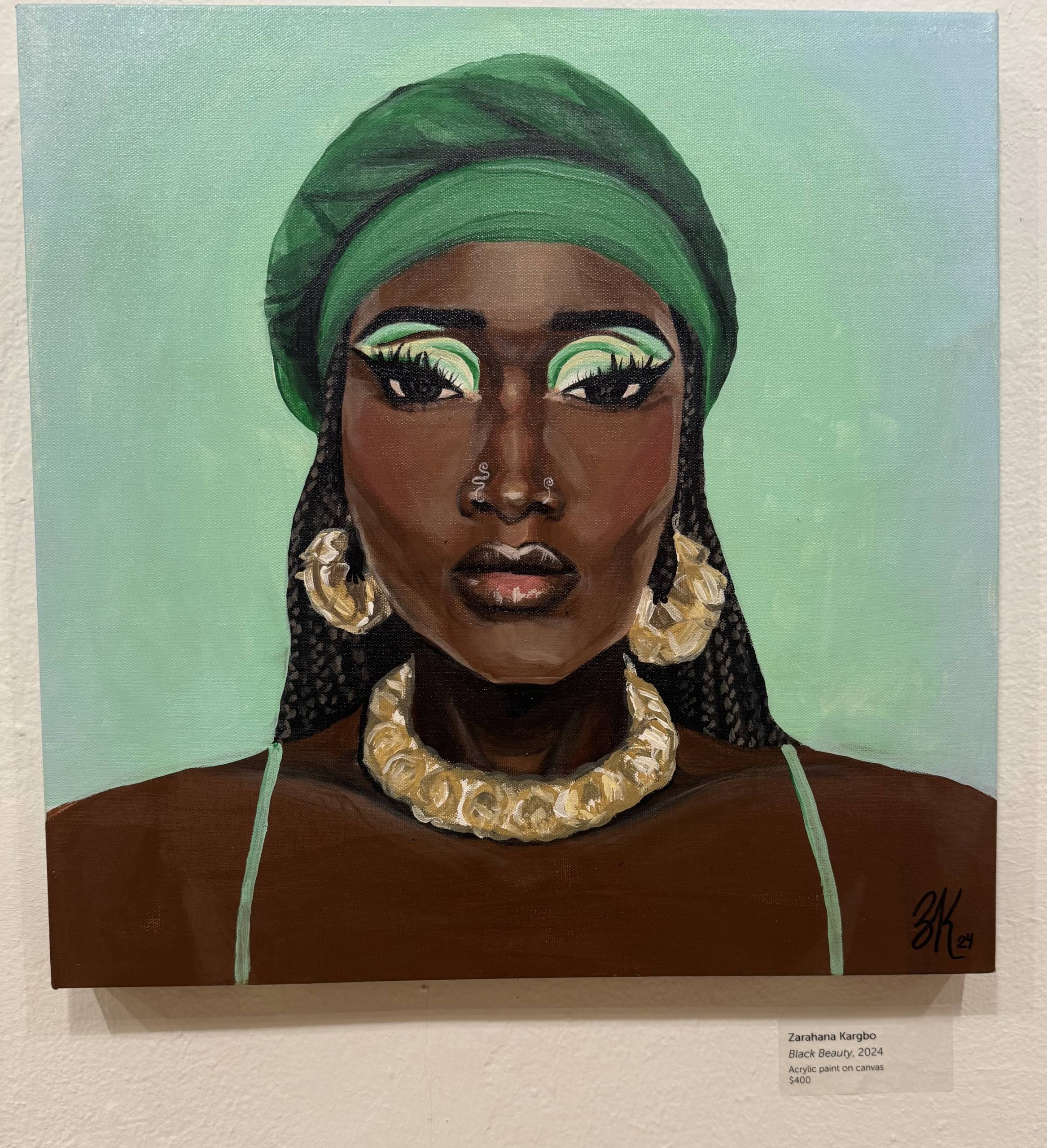 A painting of a woman with a green head-wrap and fine gold jewelry.