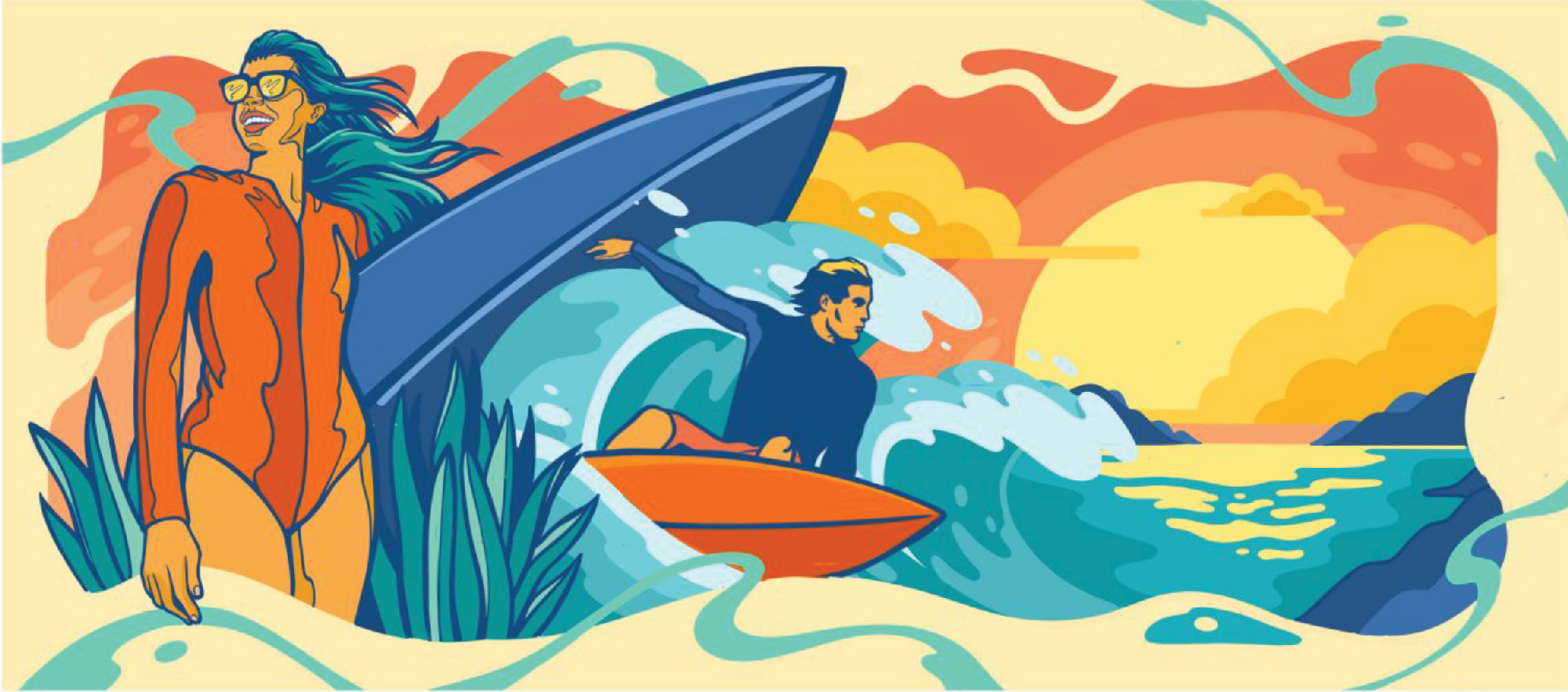 colorful design of woman holding surfboard and man surfing against sunset