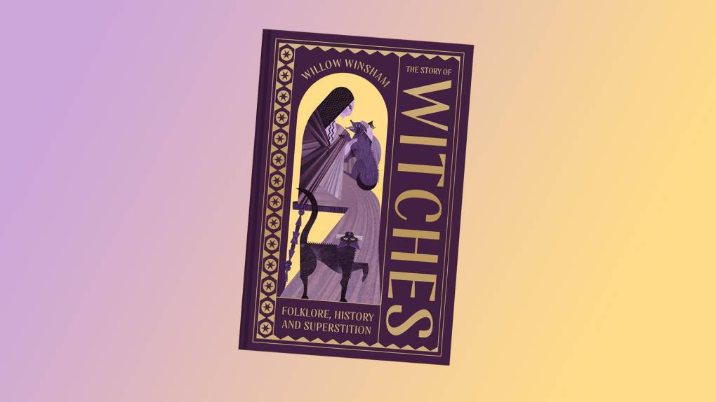 Book cover with illustration of woman and animals on purple and yellow gradient background