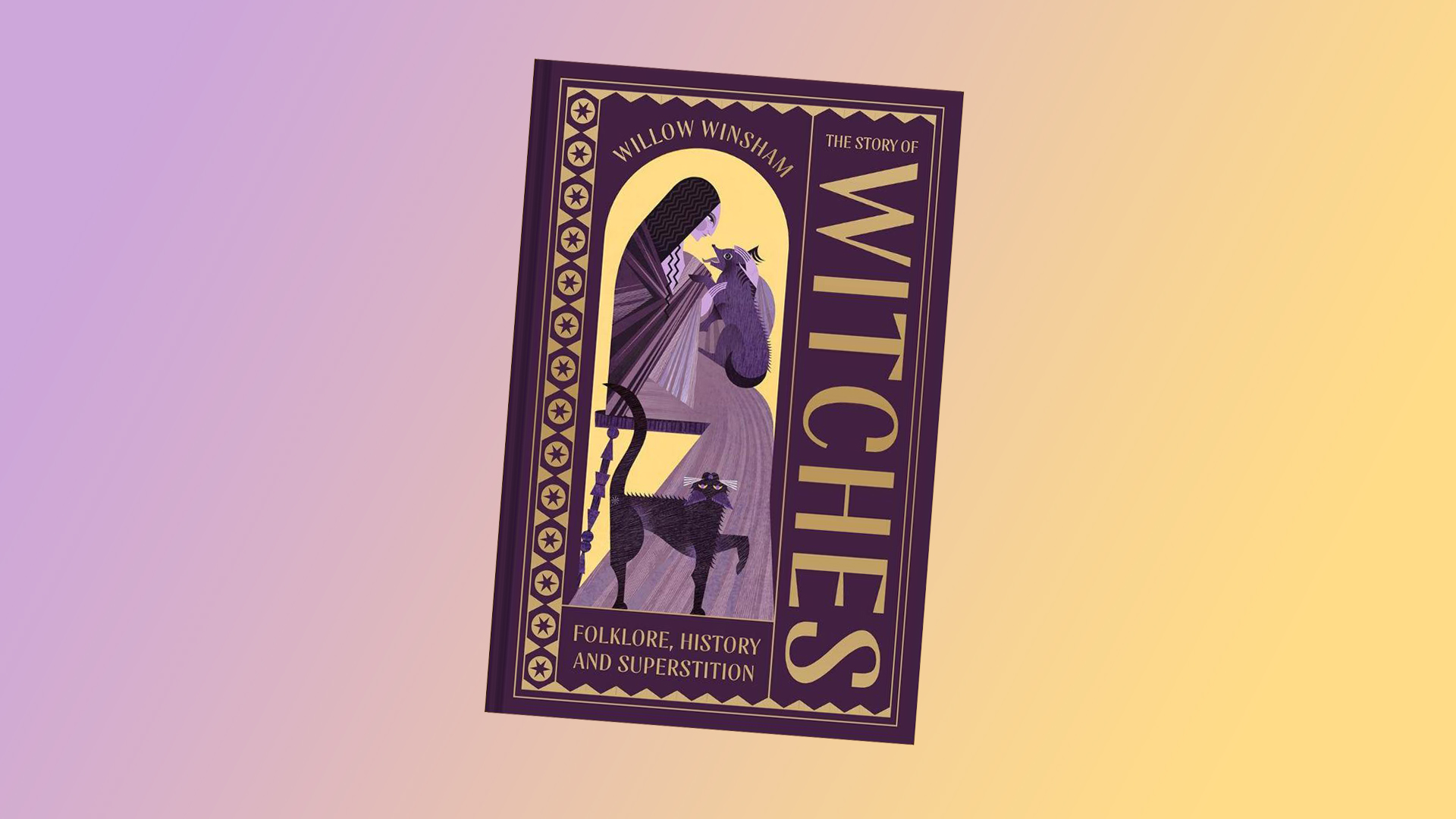 Book cover with illustration of woman and animals on purple and yellow gradient background
