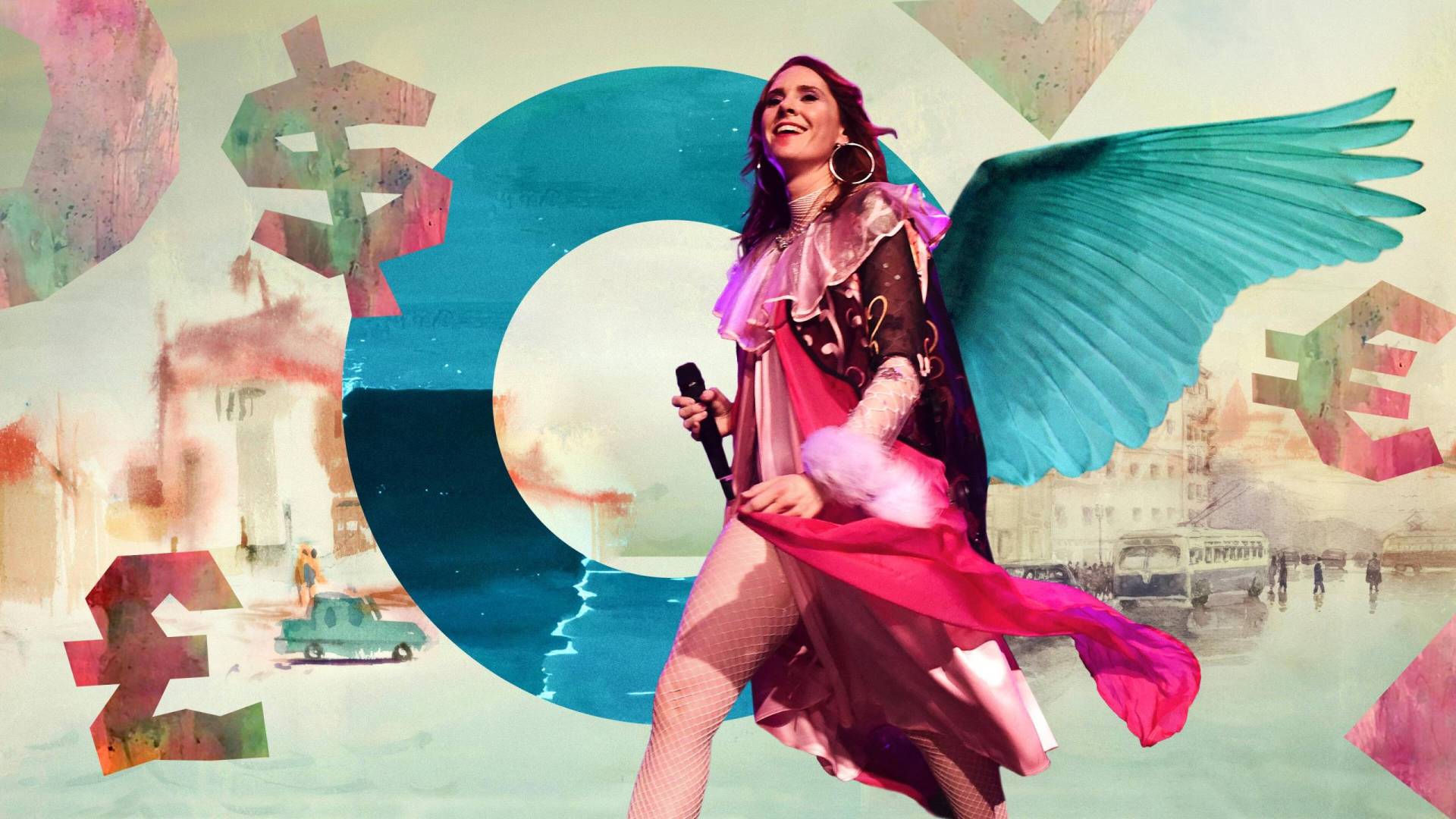 A white woman with long hair strides forward in a pink, leg-exposing dress. Behind her is abstract artwork and blue angel wings at her back.