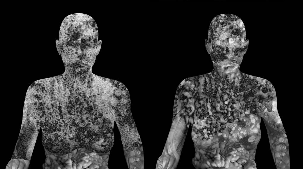 two silhouettes with organic materials in white on black