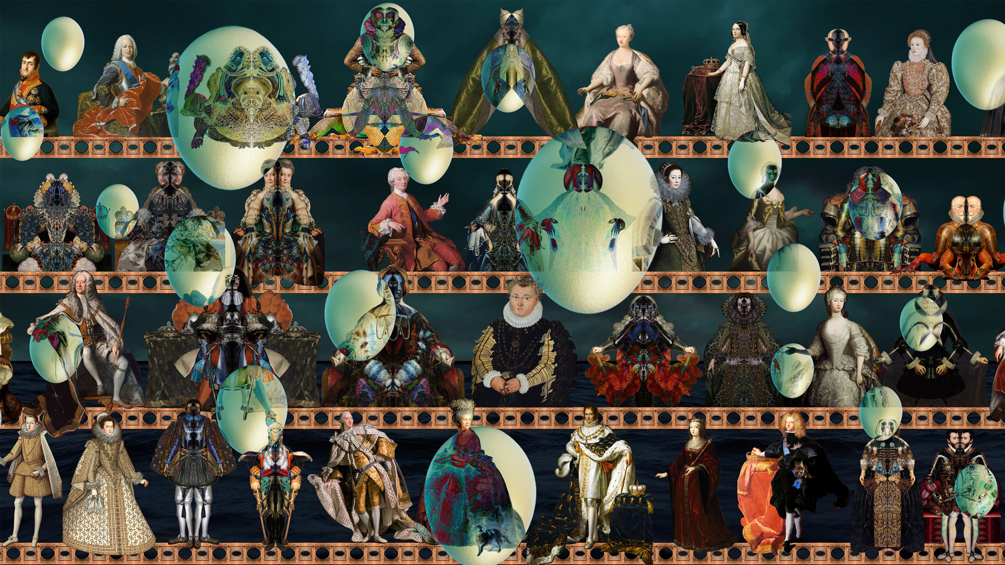 portraits from Western paintings in wide rows, bubble shapes distorting them