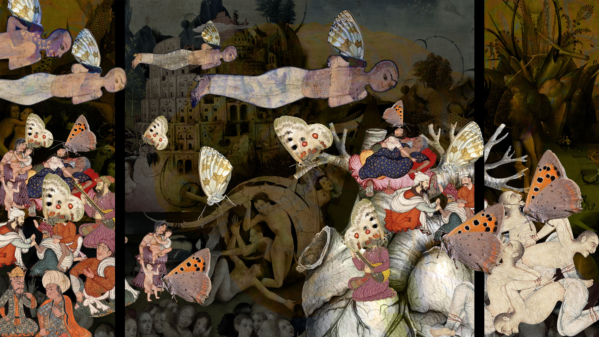 collaged image that includes butterflies, figures from Persian, Mughal, and Chinese miniature styles and Western biblical paintings