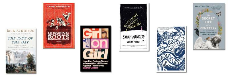 Book covers of The Fate of the Day, Ginseng Roots, Girl on Girl, Questions Without Answers, The Sea Gives Up the Dead, The Secret Life of a Cemetery.