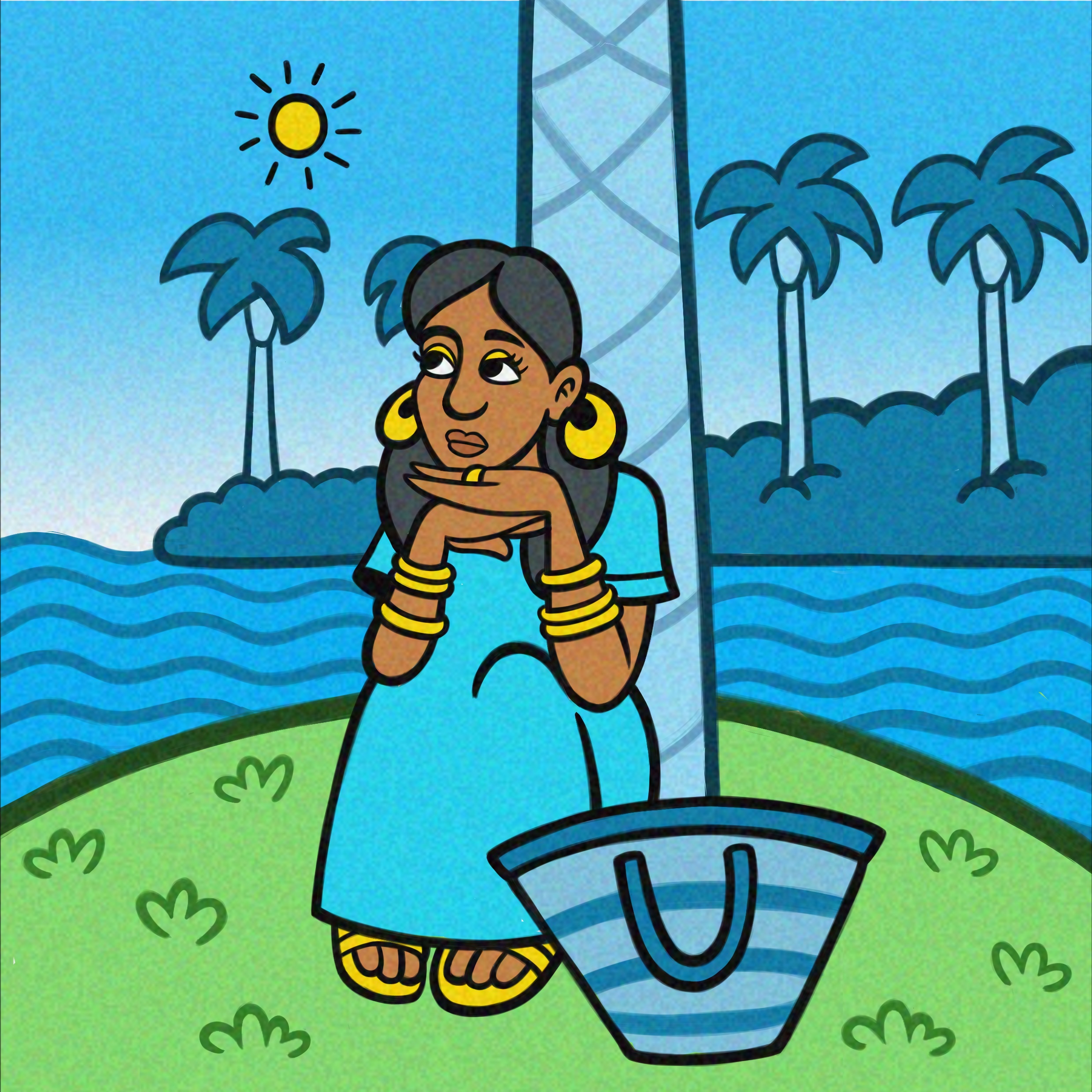 An illustrated image of a woman named Alhadeeya, a character from the Folktales from Sudan series.