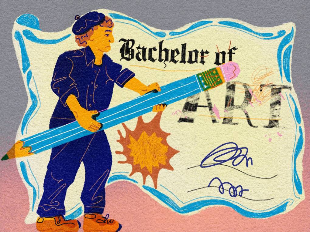 illustration of person in blue jumpsuit with giant pencil erasing "art" from a diploma