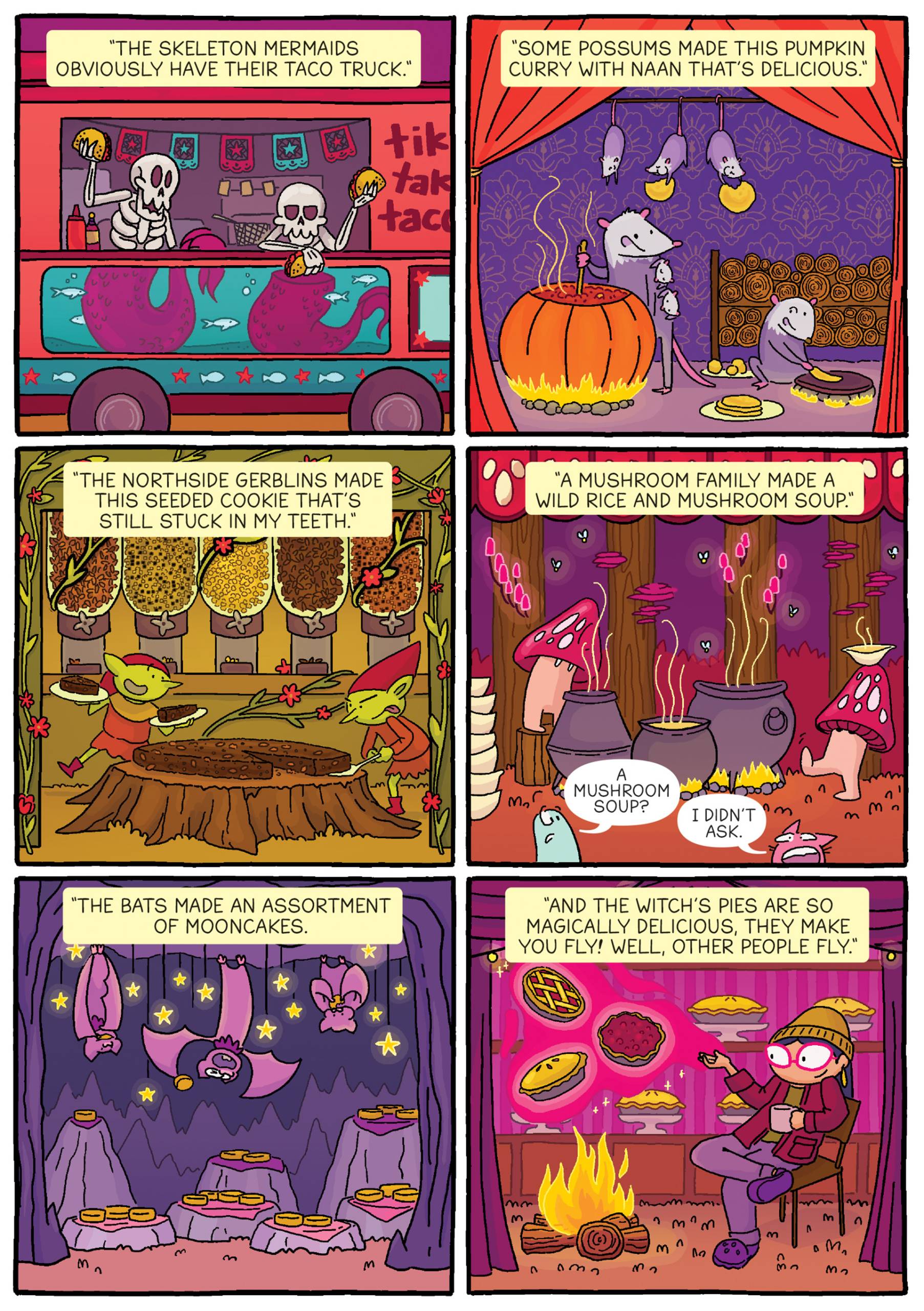 A page from a comic book shows food stalls and food trucks run by various fantastical creatures: a taco truck run by sea mermaids, a pumpkin curry stand run by possums, a mooncake cave operated by bats, and so forth.