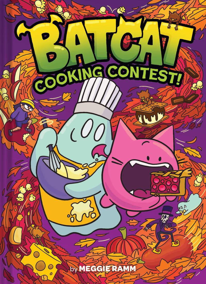 The cover of 'Batcat Cooking Contest!' shows a spherical pink creature with cat ears and bat wings, alongside a ghost in a white chef's toque.