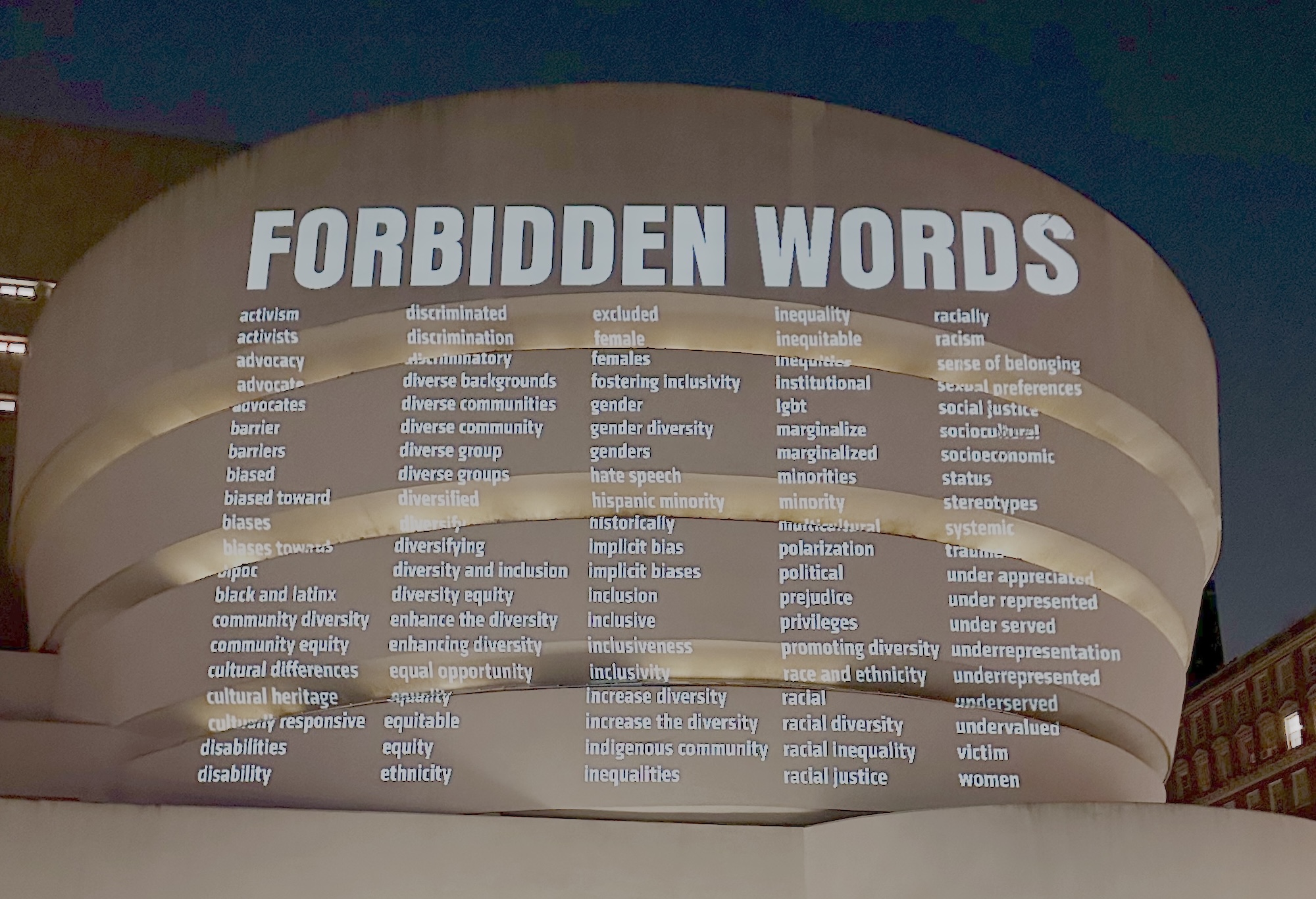 A list of 100 words, titled 'Forbidden Words,' projected onto the side of the Guggenheim Museum in New York.