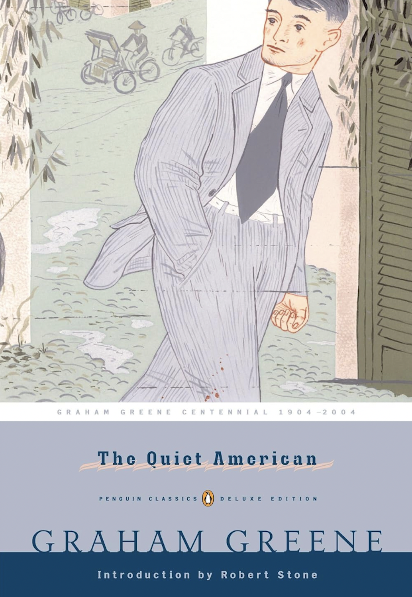 A book cover illustration of a young man wearing a grey suit and tie.