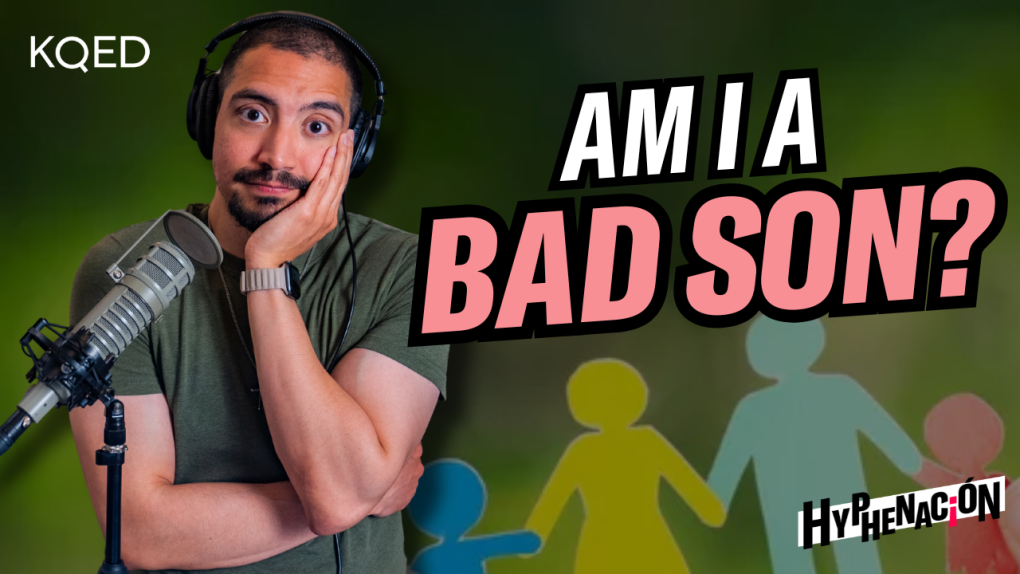 Person in green shirt standing behind a microphone shrugs with words "Am I a Bad Son?" across the image