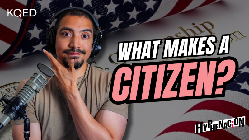 Person in than shirt shrugs behind a microphone with text "What makes a citizen?"