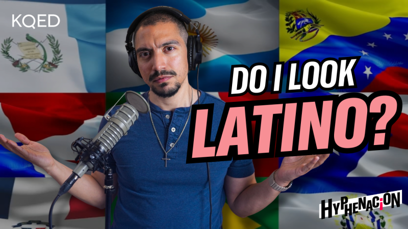 Person wearing blue shirt and headphones shrugs in front of a collage of nation flags. Text: "Do I look Latino?"