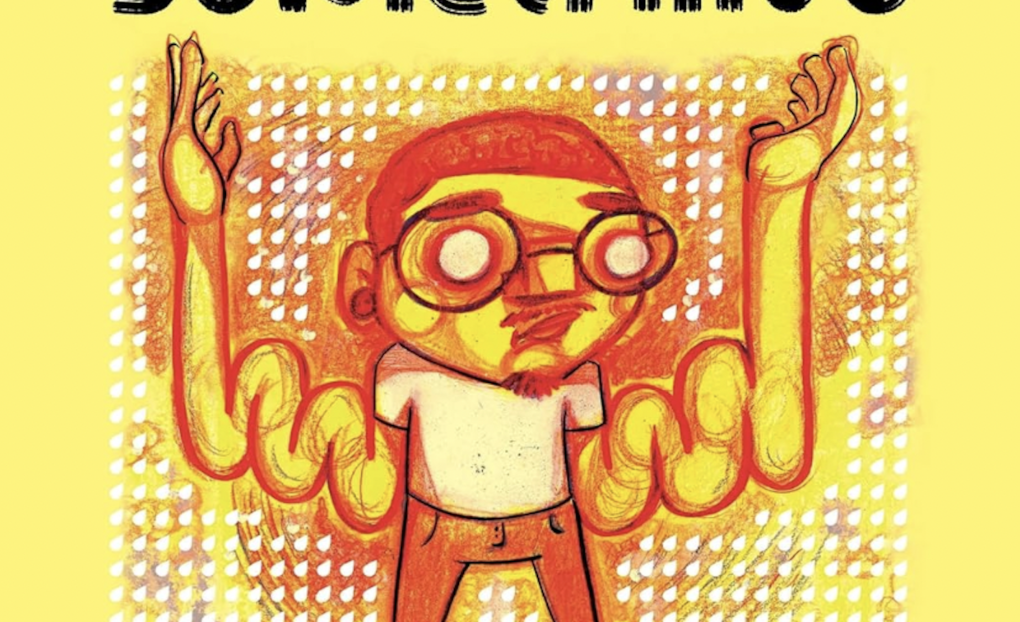 A yellow book cover featuring an illustration of a man wearing glasses with his arms raised in despair, full of knots.