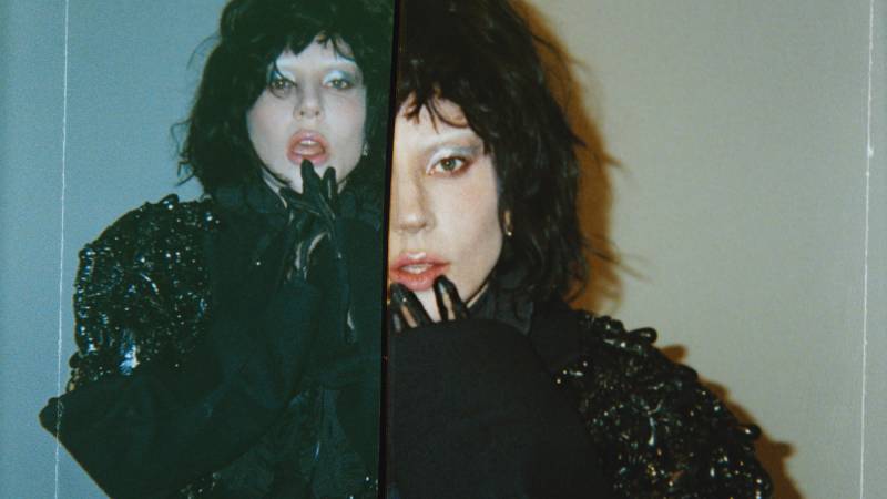 A split image of a woman in black looking dramatic