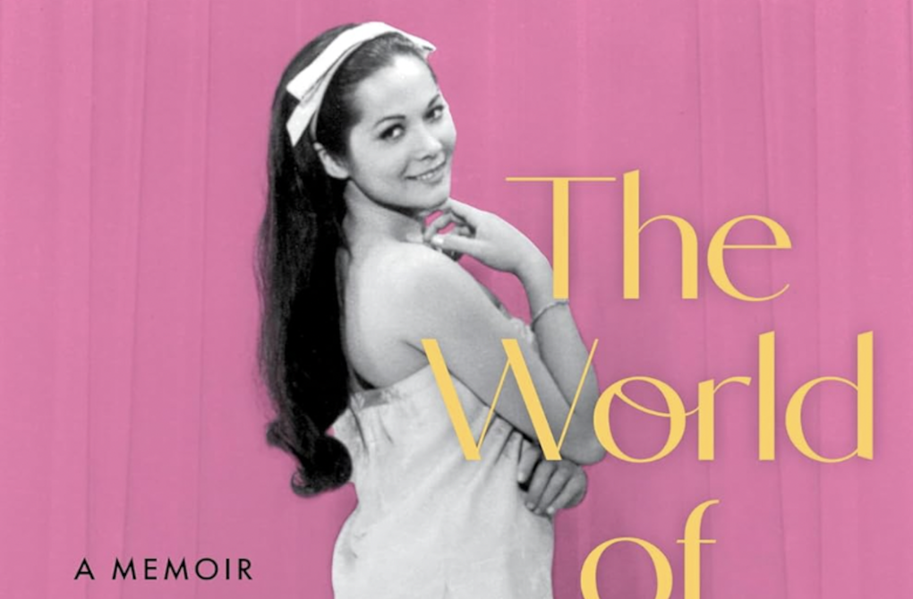 A pink book cover featuring a black and white photo of a beautiful Eurasian woman standing pin-up style, looking over her shoulder seductively. She is wearing a small white negligee.