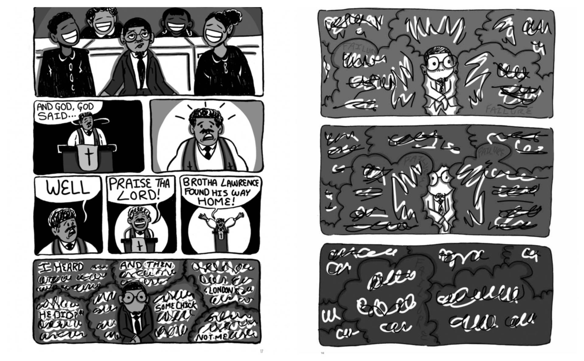 Black and white comic book panels convey a young man's embarassment at being called on in church by his pastor, while the congregation watches on.