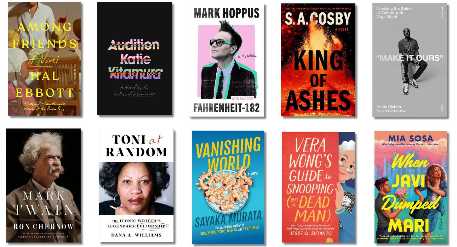 Ten books, cover side up, laid flat in two rows of five.