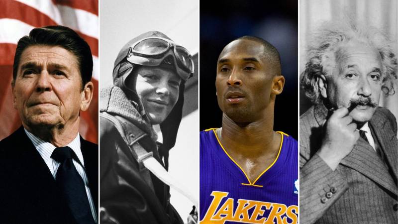 Photographs of Ronald Reagan, Amelia Earhart, Kobe Bryant, and Albert Einstein.