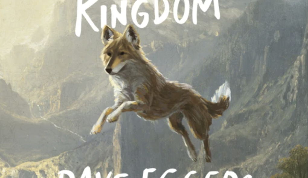 A book cover featuring an illustration of a dog leaping over a lake with mountains in the background.