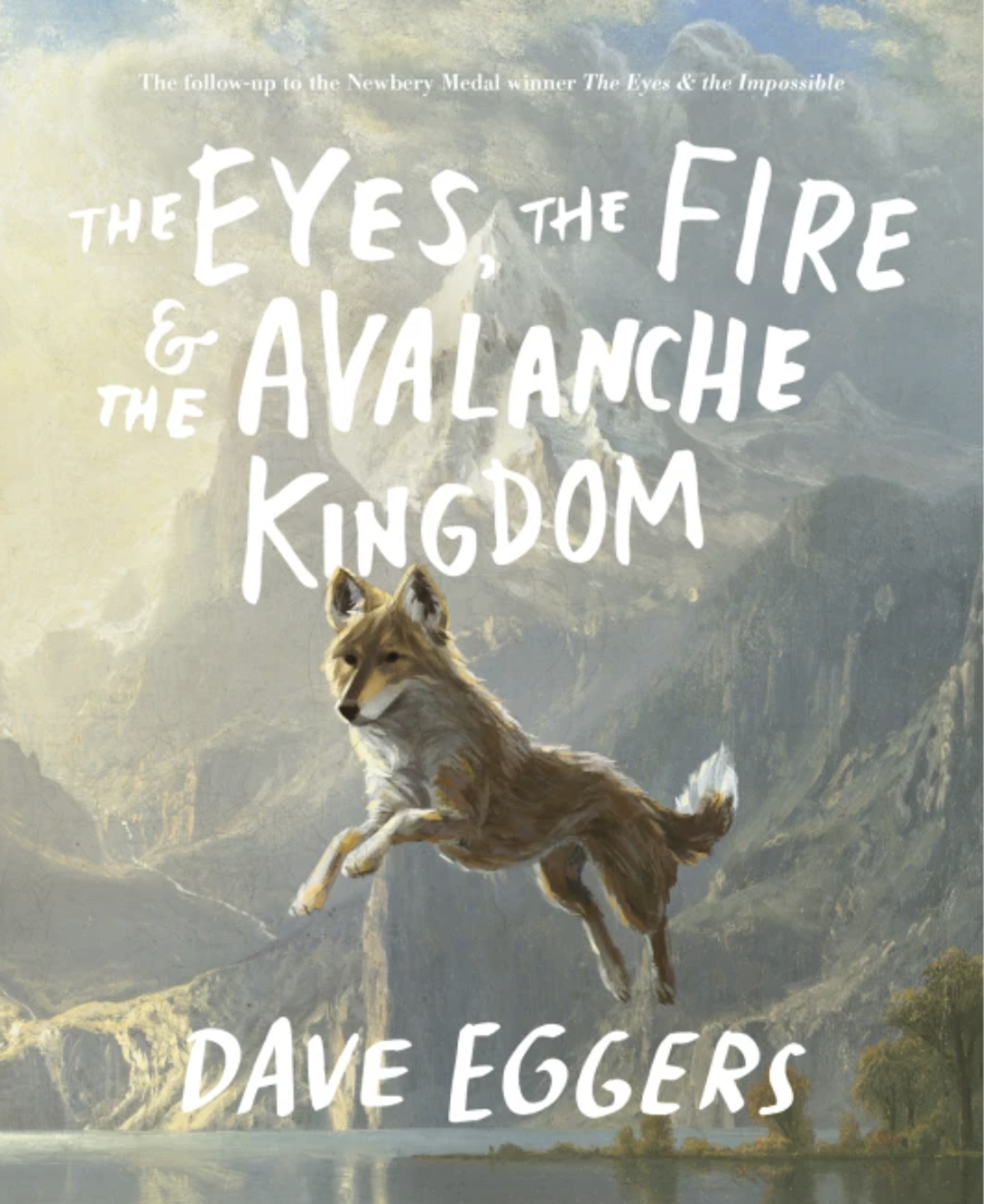 A book cover featuring an illustration of a dog leaping over a lake with mountains in the background.