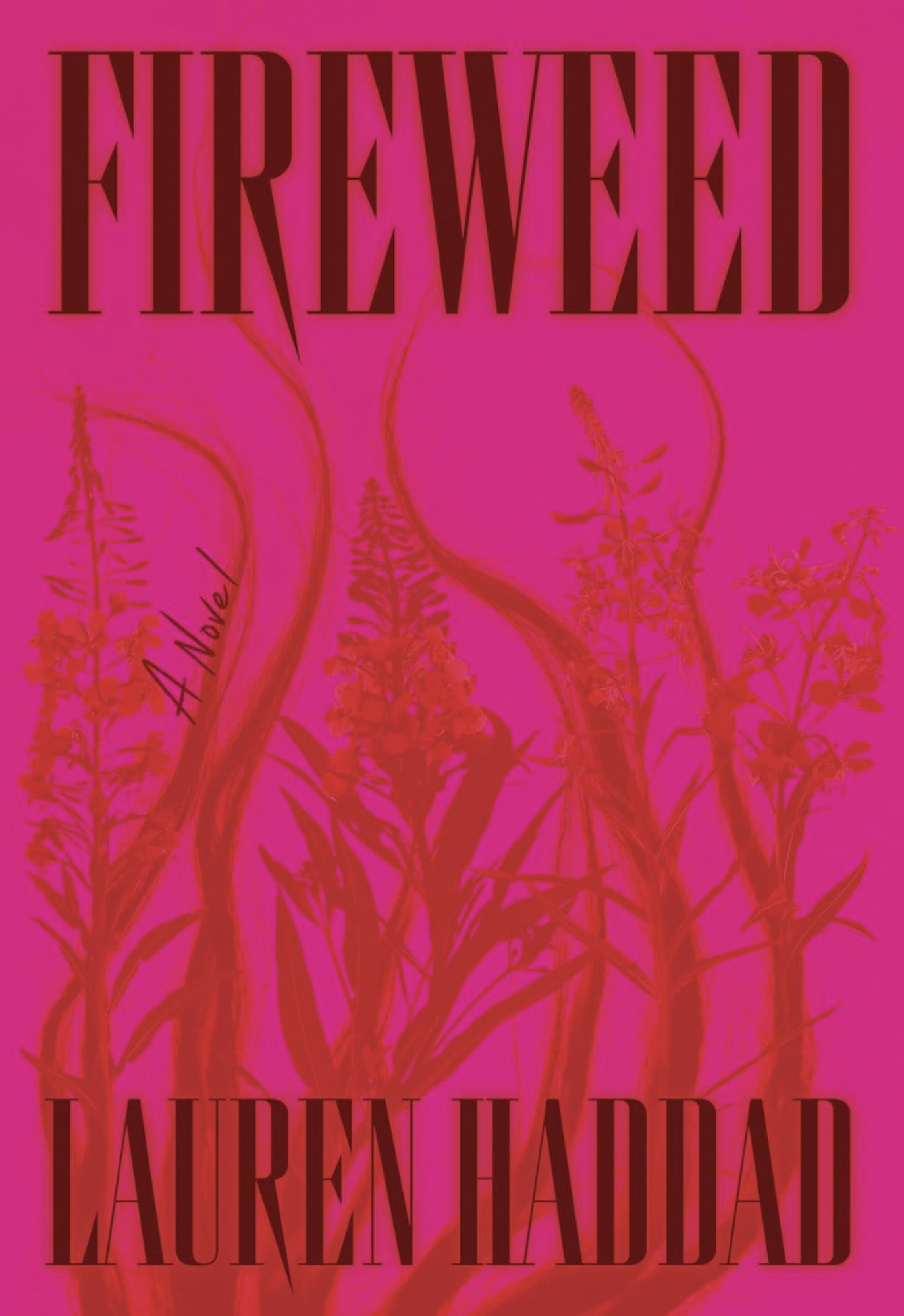 A pink book cover with an illustration of growing weeds, seen through a pink filter.