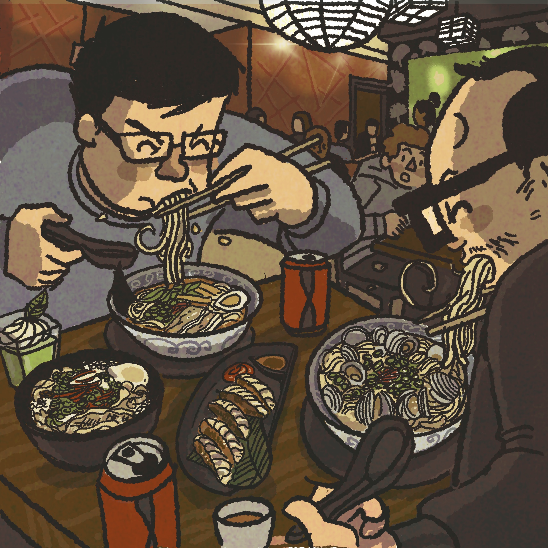 Illustration: two men slurp bowls of ramen inside a crowded restaurant.