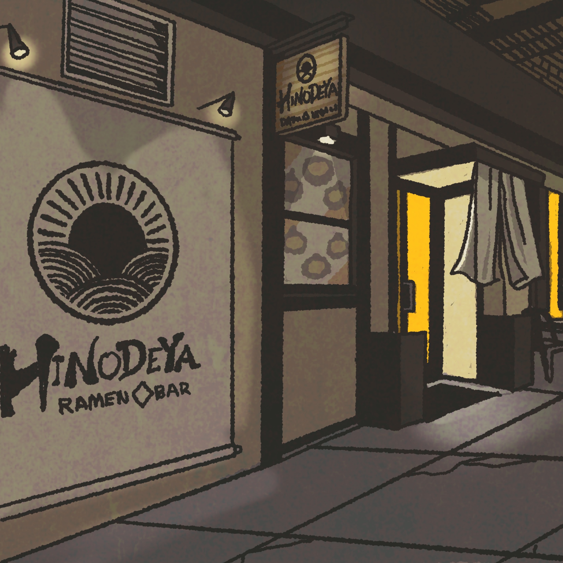 Illustration: Exterior of a ramen restaurant at night. The sign reads "Hinodeya Ramen Bar."