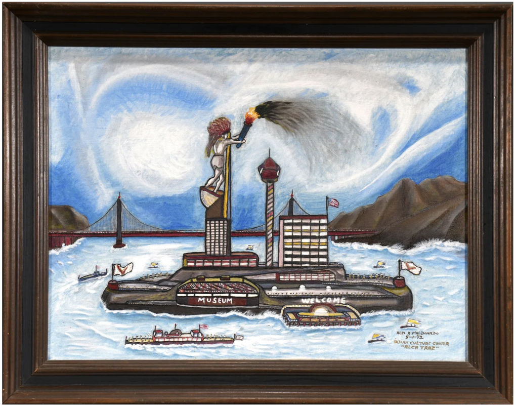 A primitive oil painting showing an island of modern buildings standing in the center of the San Francisco Bay, the Golden Gate Bridge visible behind it.