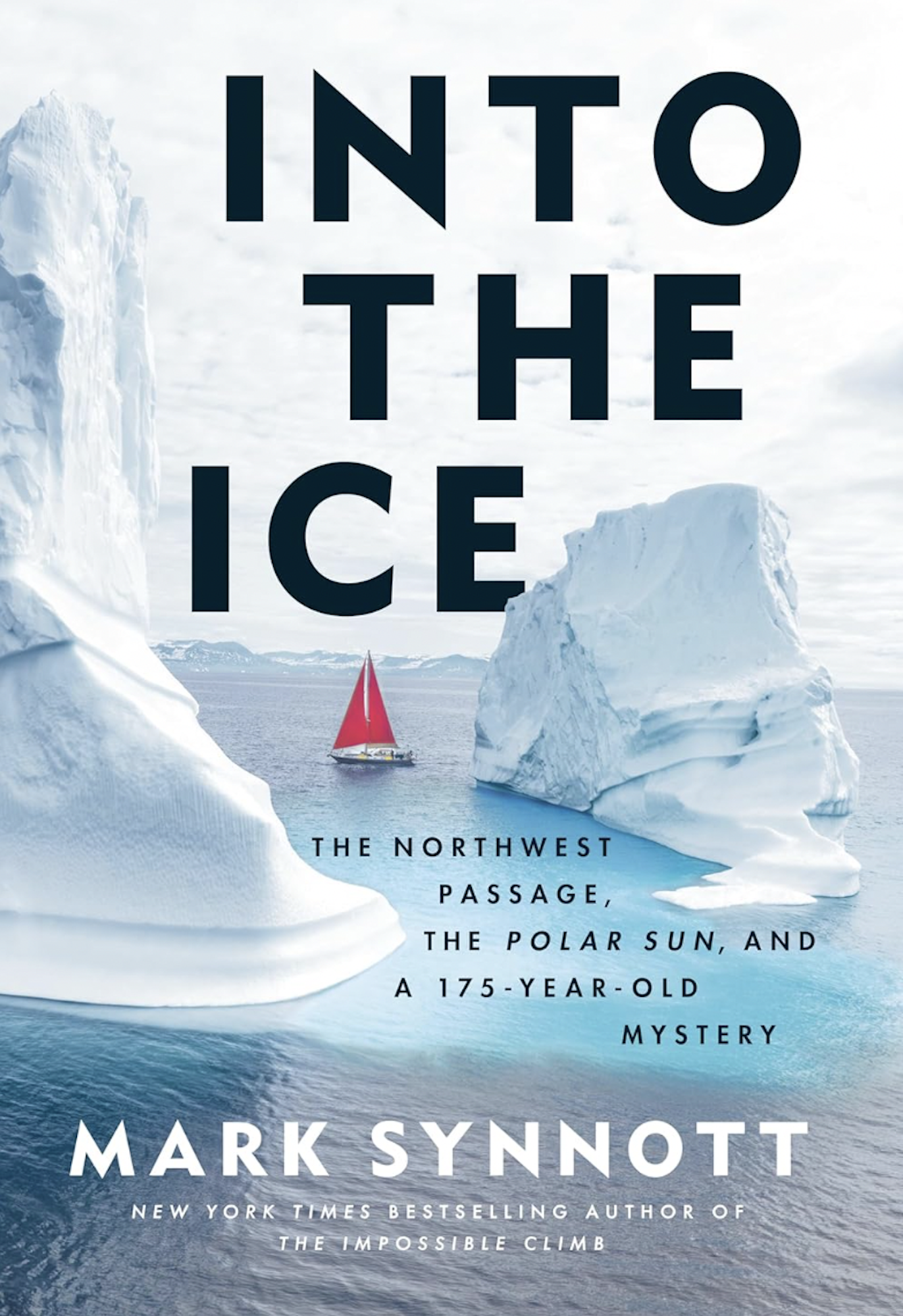 A book cover depicting a small red sail boat navigating between two icebergs in a vast sea against a white sky.