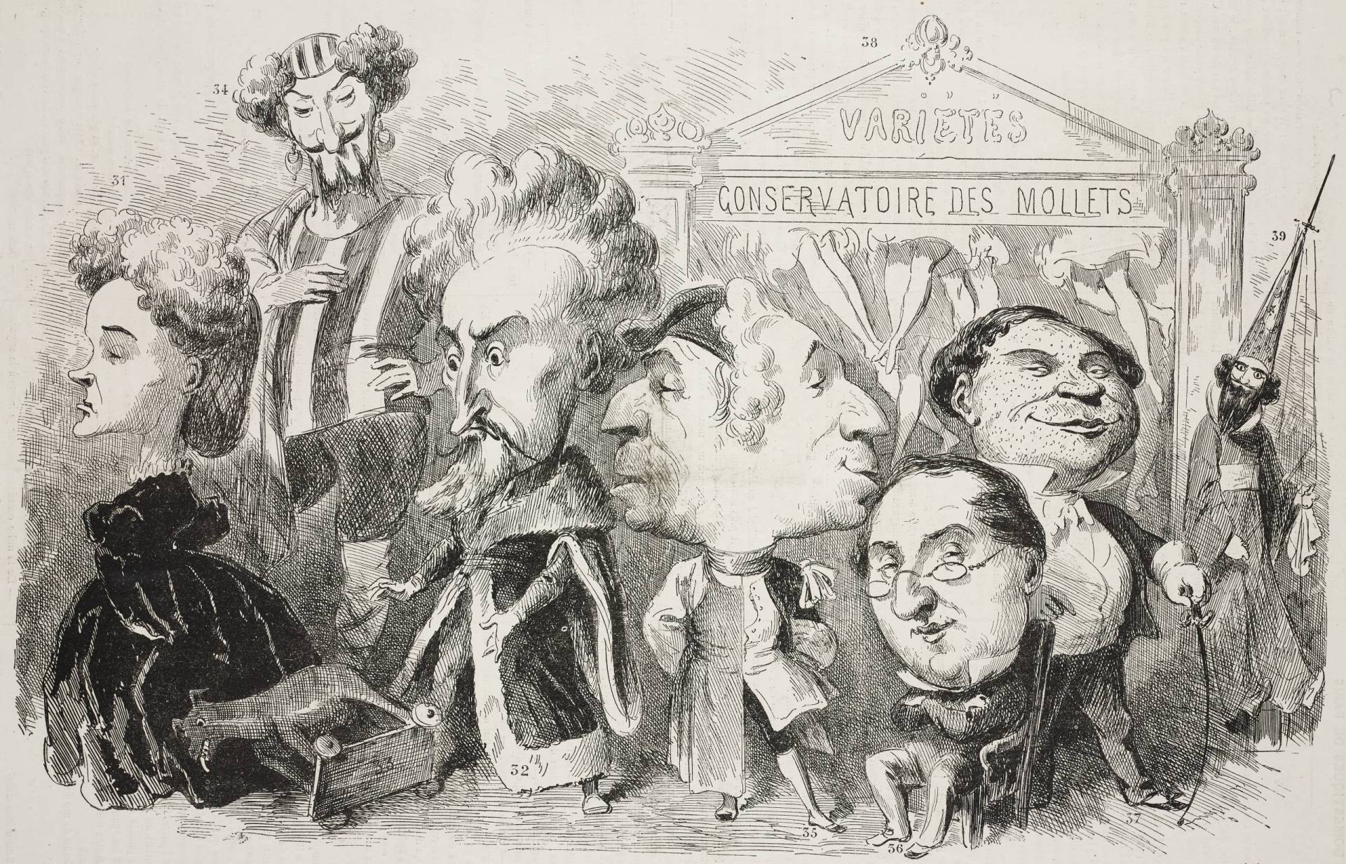 Seven caricatures: six men and one woman are illustrated in front of a theater.