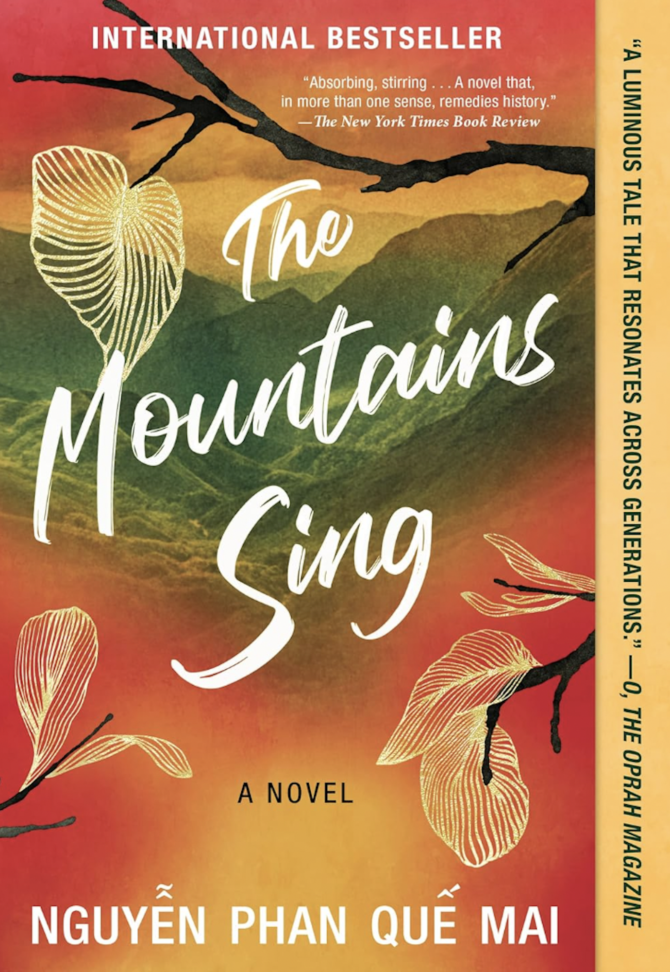 A red, green and yellow book cover featuring illustrations of mountains and leaves.