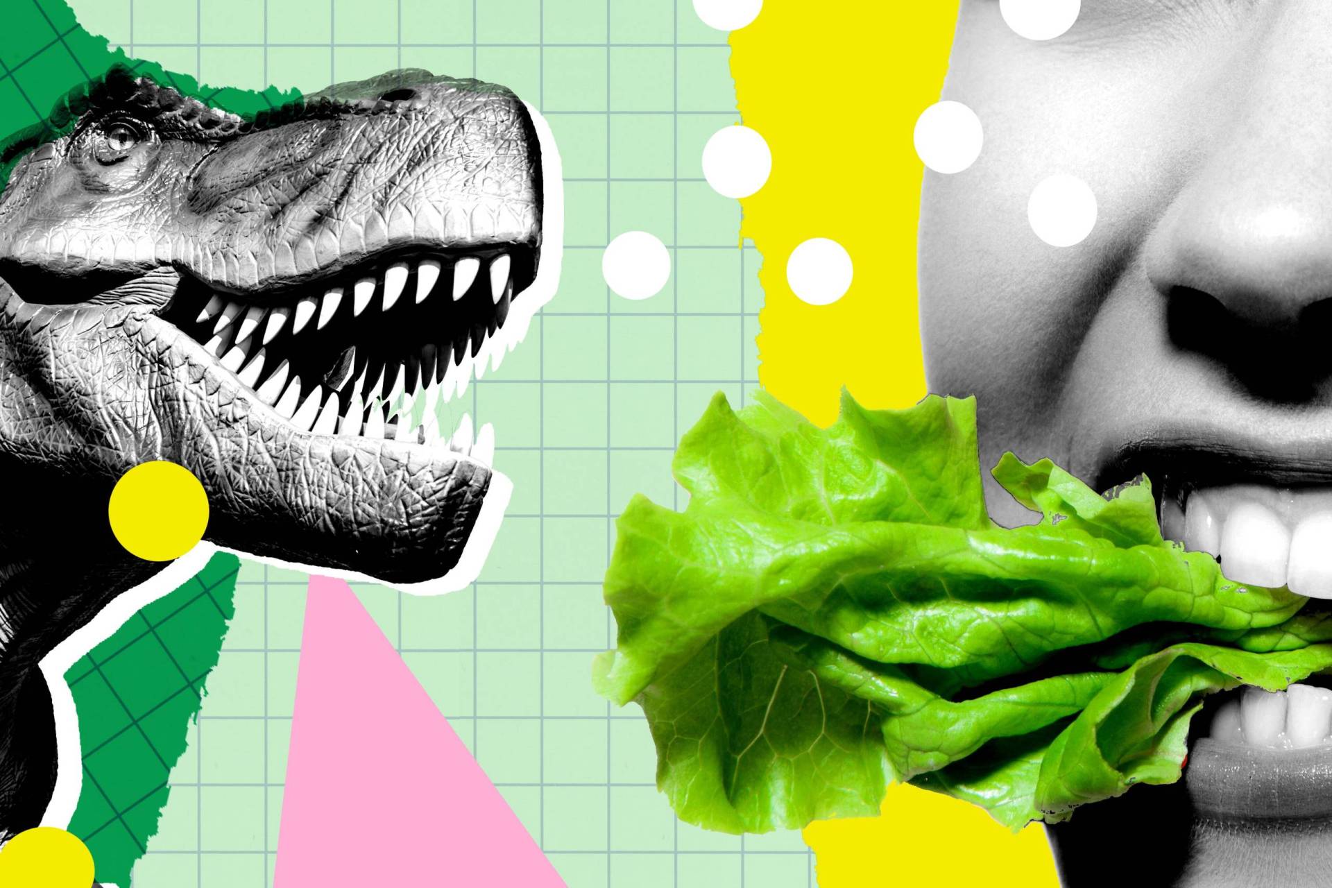 A collage featuring the head of a T-Rex with its mouth open and a close-up photo of a woman's face chomping on lettuce.